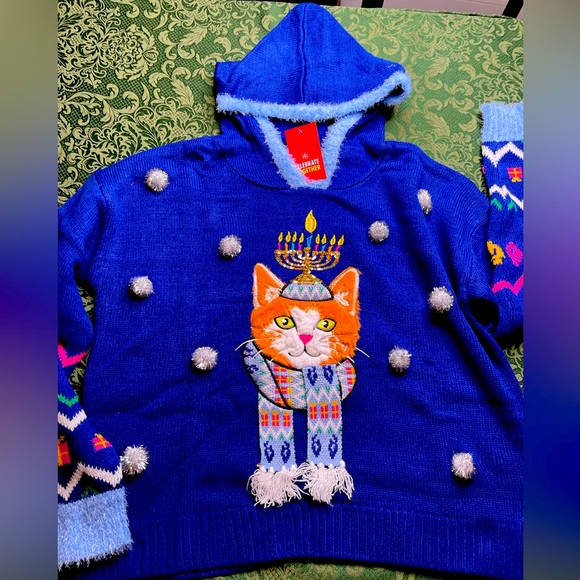 CElebrate Together Sweaters - NWT S M celebrate together UGLY Hanukkah sweater party kitty cat menorah embroid